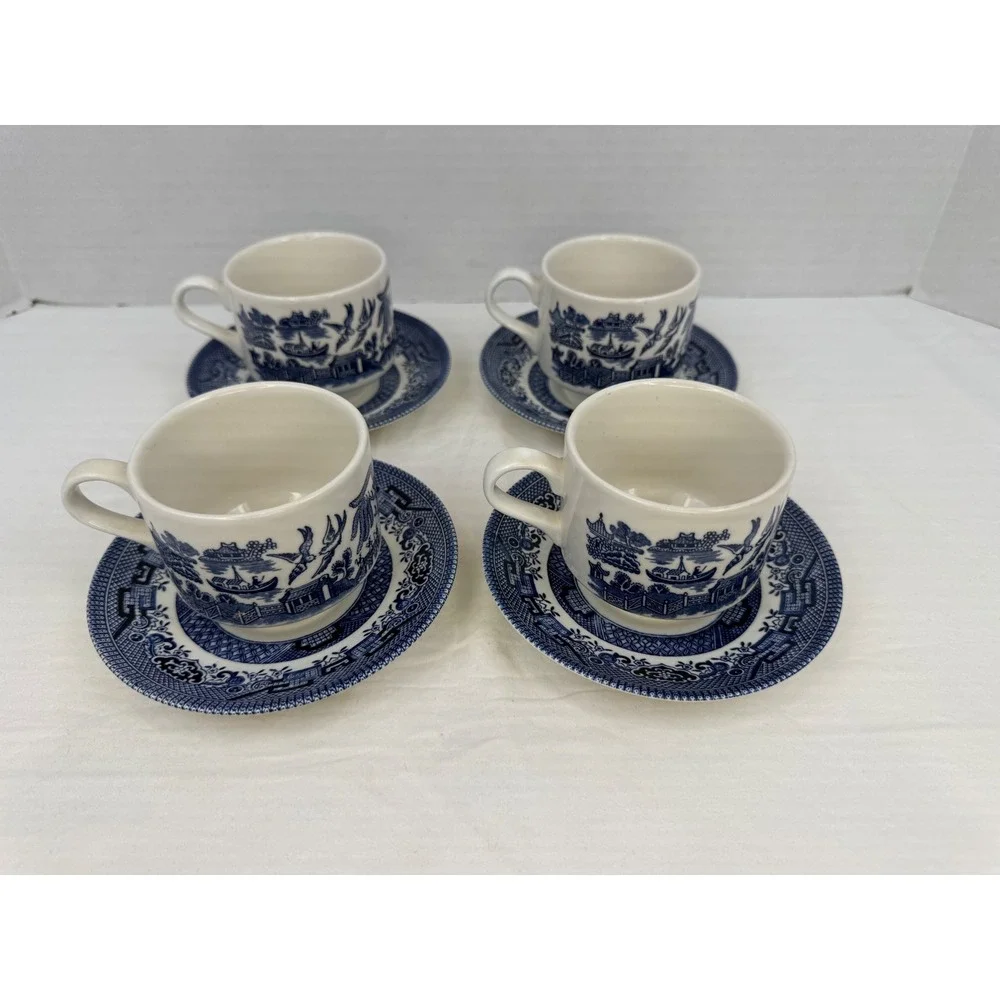 Churchill Blue Willow Tea Cups and‎ Saucers Set of 4 Made in England Blue White
